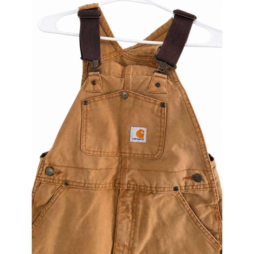 Carhartt Brown Duck Canvas Bib Overalls Youth Size 8 Reinforced Knees